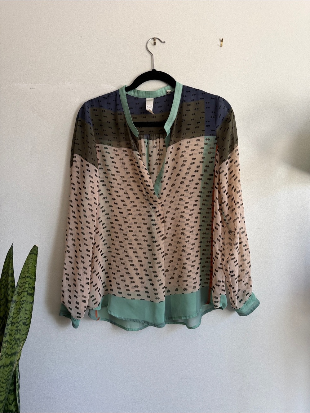 Lightweight Mixed-Print Mint and Beige Blouse